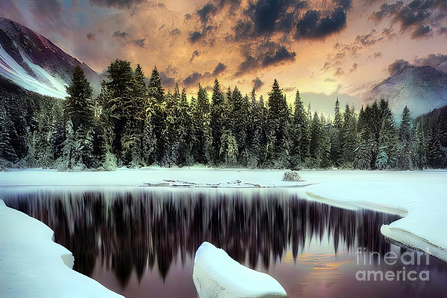 Mountain Lake in Winter  Digital Art by Elaine Manley