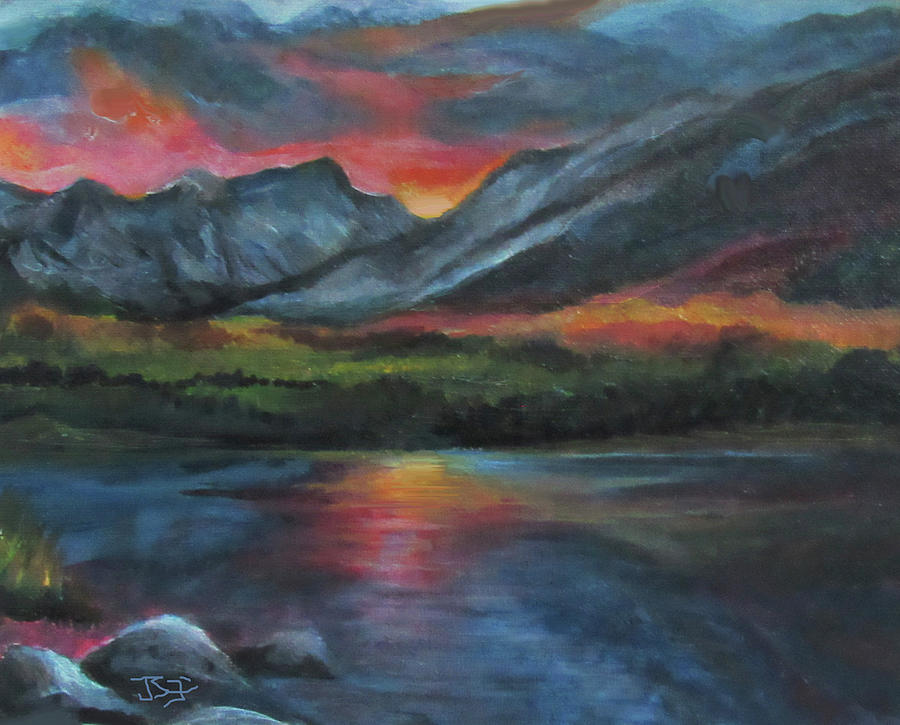Mountain Lake Sunset Painting by Jean Batzell Fitzgerald