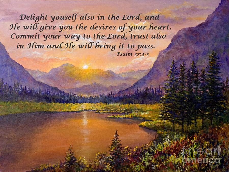 Mountain Lake Sunset Psalm 37 Painting by Lou Ann Bagnall