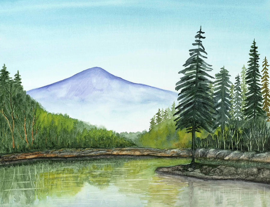 Mountain Lake With Pine Trees Painting