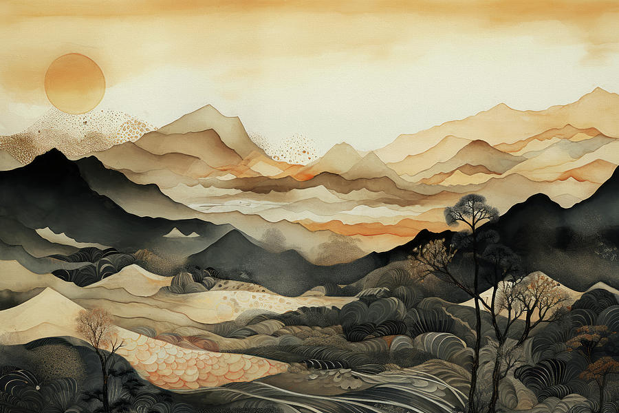 Mountain Landscape - Black, Gray and Gold Digital Art by Peggy Collins