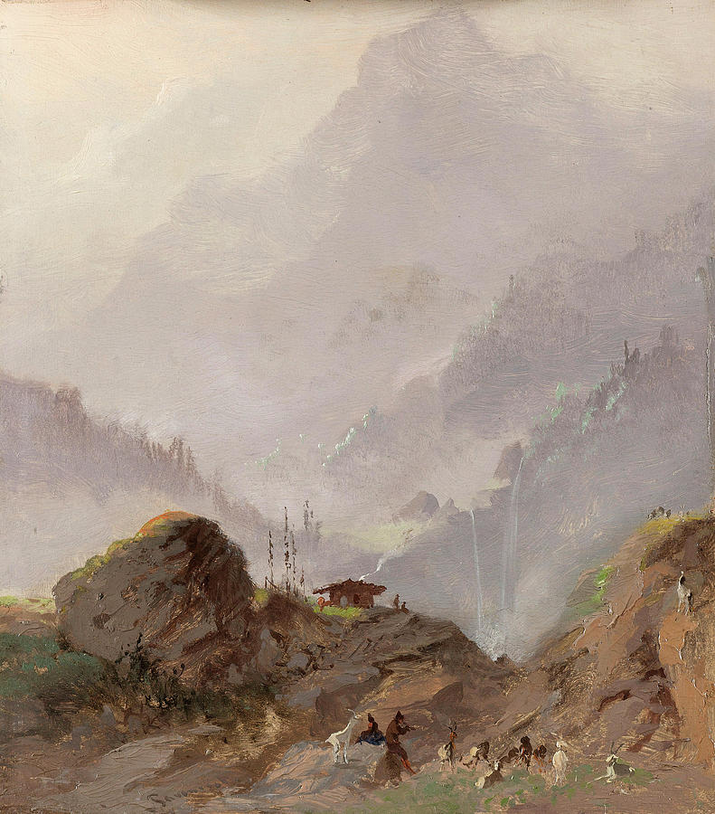 Mountain landscape in Tyrol with chamois Painting by Johannes Tavenraat