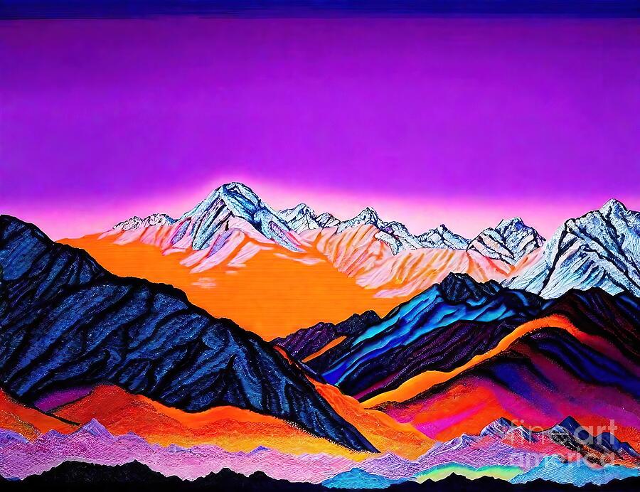Sunset Painting - Mountain Landscape Painting landscape switzerland beautiful sunset sky vanilla sky mountains ridge mountain chain alps spectacular lake alpine art background beautiful clouds cold color creative by N Akkash