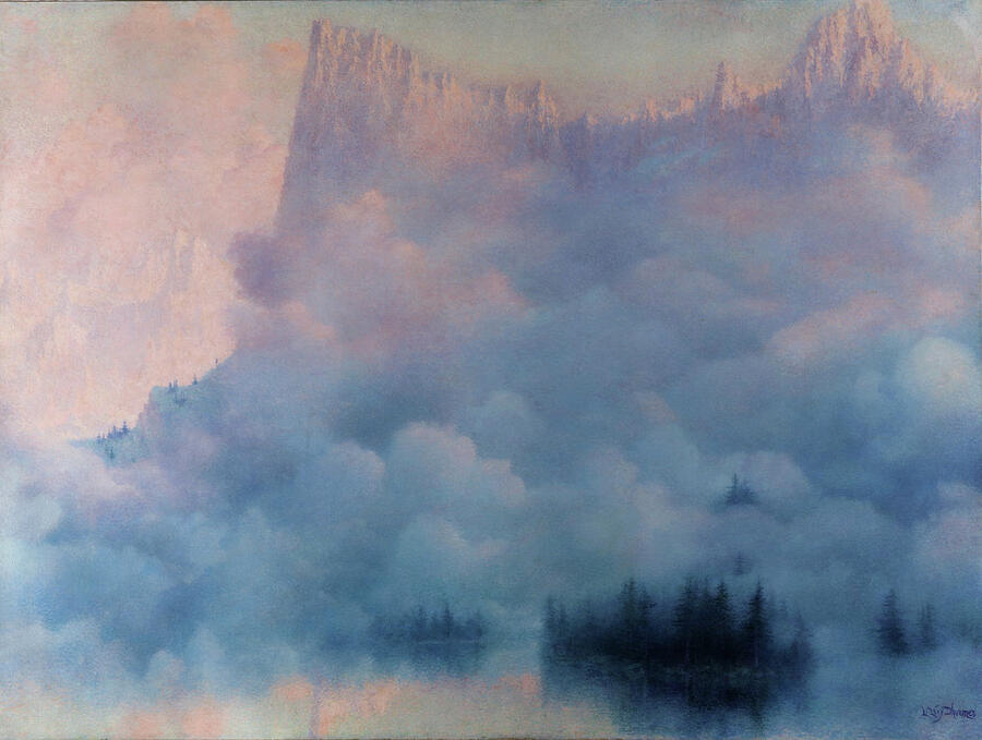 Mountain landscape with a lake in dawn lights Painting by Lucien-Levy Dhurmer