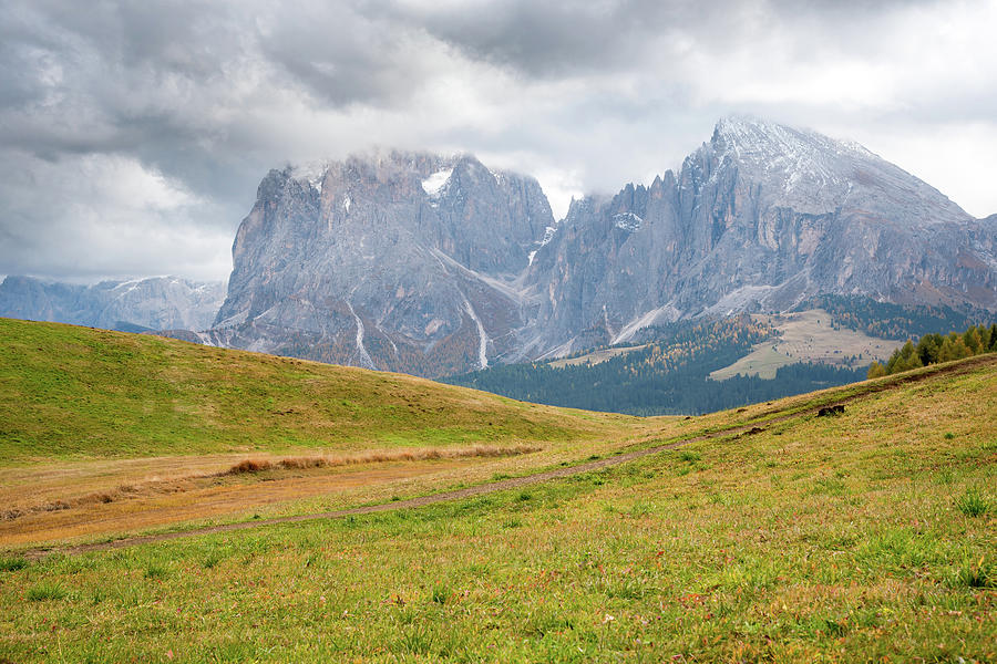 Mountain landscape with Dolomite mountains at the Alpe di siuisi Italy Photograph by Michalakis Ppalis