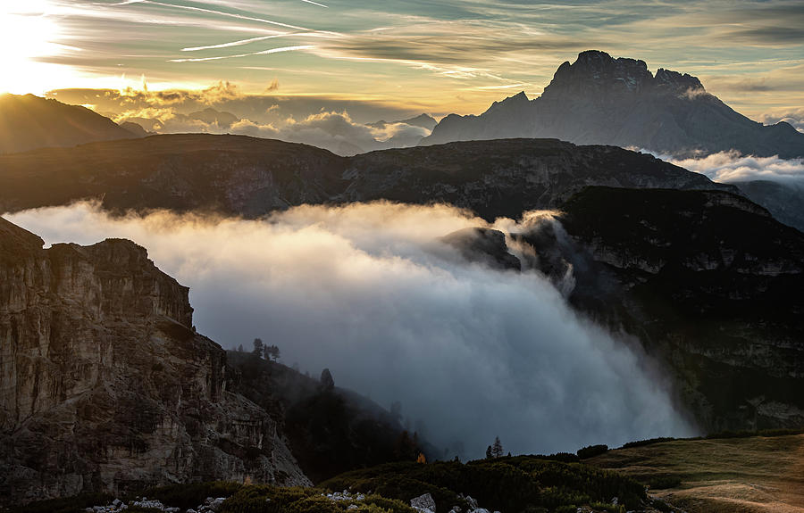 Mountain landscape with fog,  at the Tre Cime hiking path area i Photograph by Michalakis Ppalis