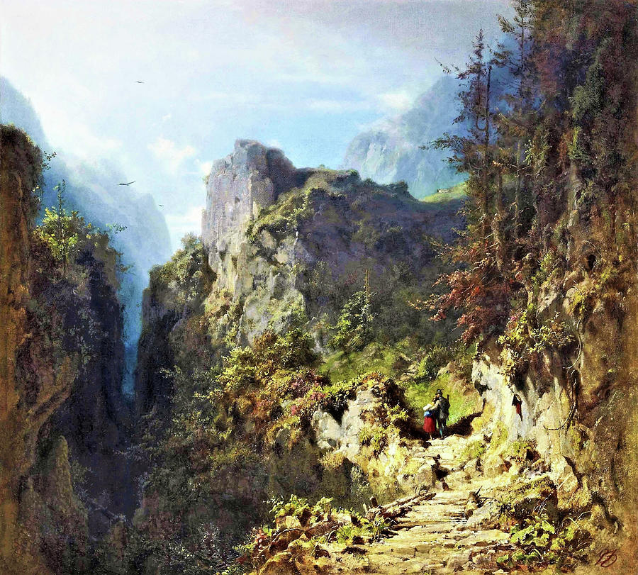 Carl Spitzweg Painting - Mountain landscape with lovers - Digital Remastered Edition by Carl Spitzweg