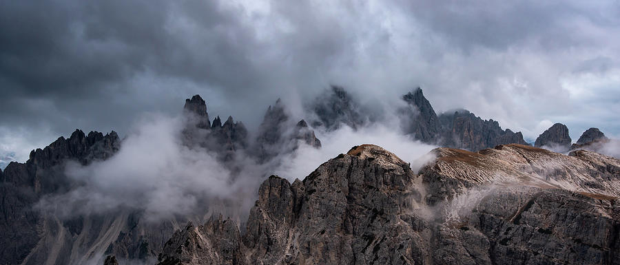 Mountain Landscape With Mist, At Sunset. At Tre Cime Di Lavaredo, Italian Dolomites A In South Tyrol In Italy. Photograph
