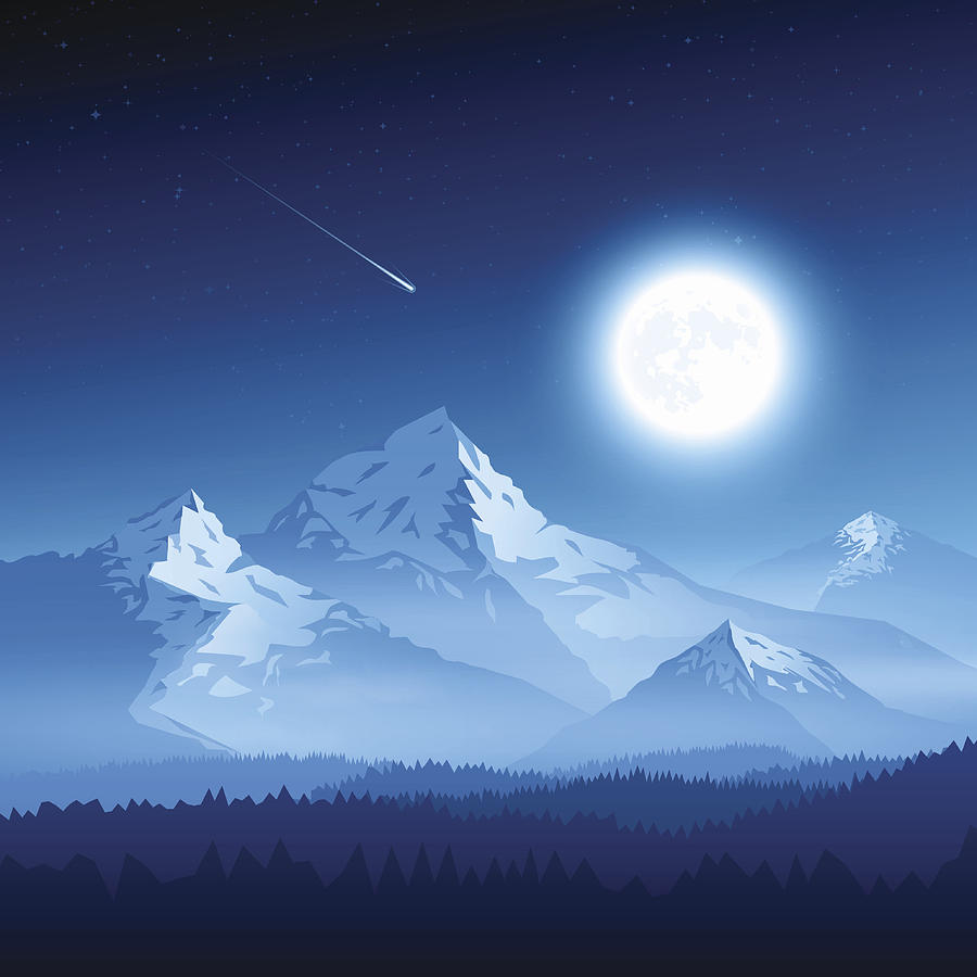 Mountain landscape with moon Drawing by Magnilion
