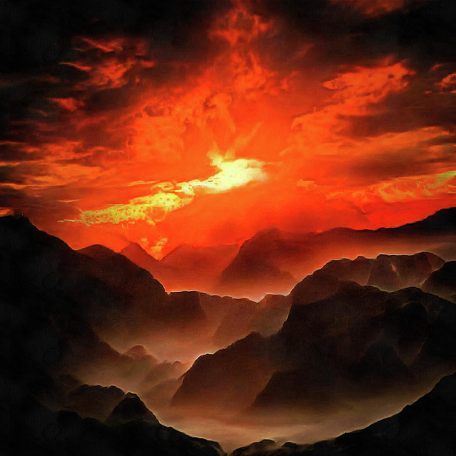 Mountain Landscape with Red Sky Digital Art by Matthias Hauser