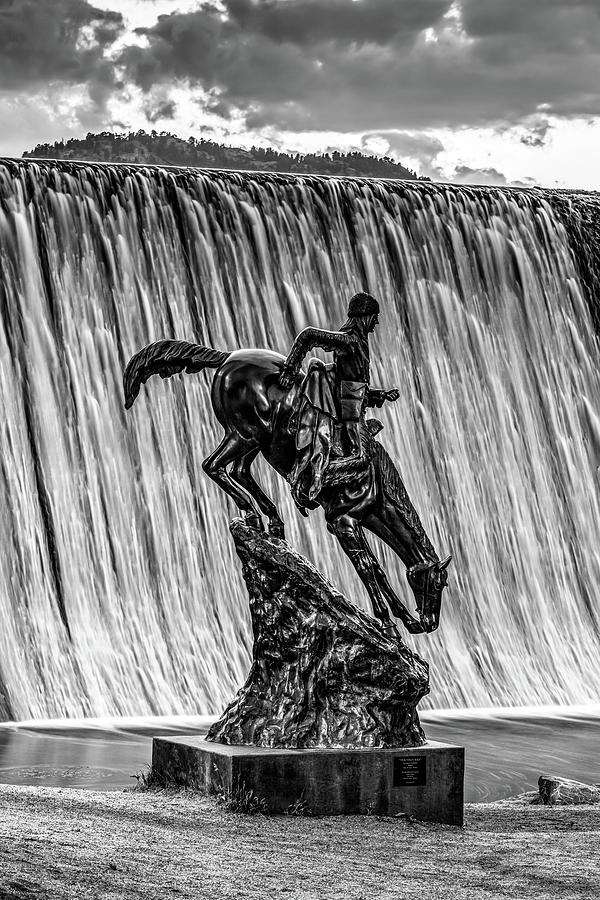 Black And White Photograph - Mountain Man and Evergreen Colorado Lake Dam Waterfall in Black and White by Gregory Ballos