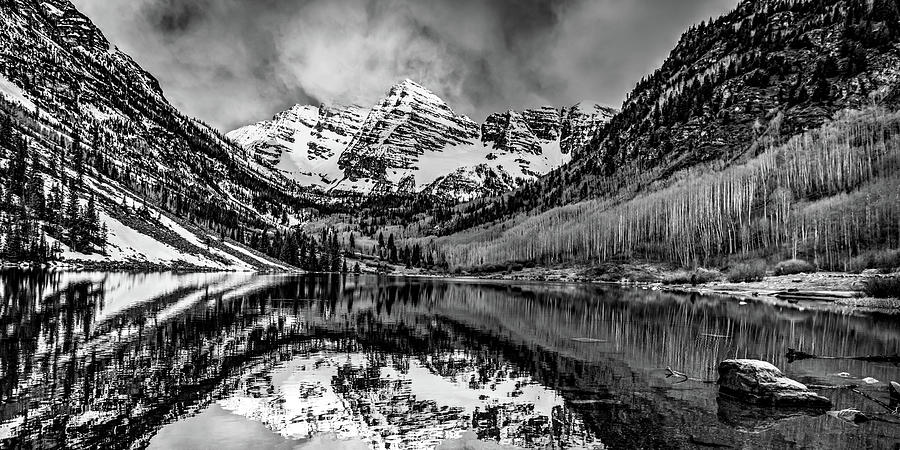 Mountain Peak Panorama and Maroon Bells Landscape - Black and White Edition Photograph by Gregory Ballos