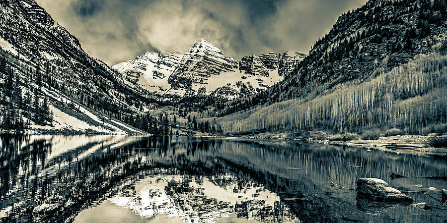 Mountain Peak Panorama and Maroon Bells Landscape - Sepia Edition Photograph by Gregory Ballos