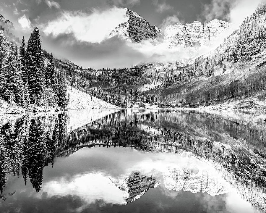Mountain Peak Reflections - Aspen Colorado Maroon Bells - Black and White Photograph by Gregory Ballos