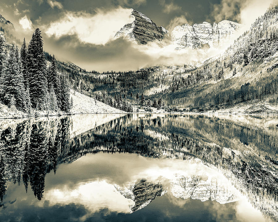 Mountain Peak Reflections - Aspen Colorado Maroon Bells - Sepia Photograph by Gregory Ballos