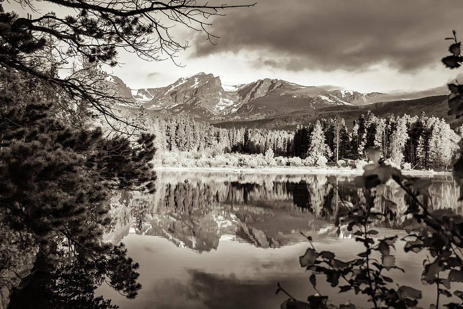 Mountain Peak Splendor Over Sprague Lake In Sepia - Estes Park Colorado Photograph by Gregory Ballos