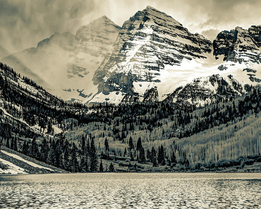 Mountain Peaks and Valleys of Maroon Bells - Sepia Photograph by Gregory Ballos