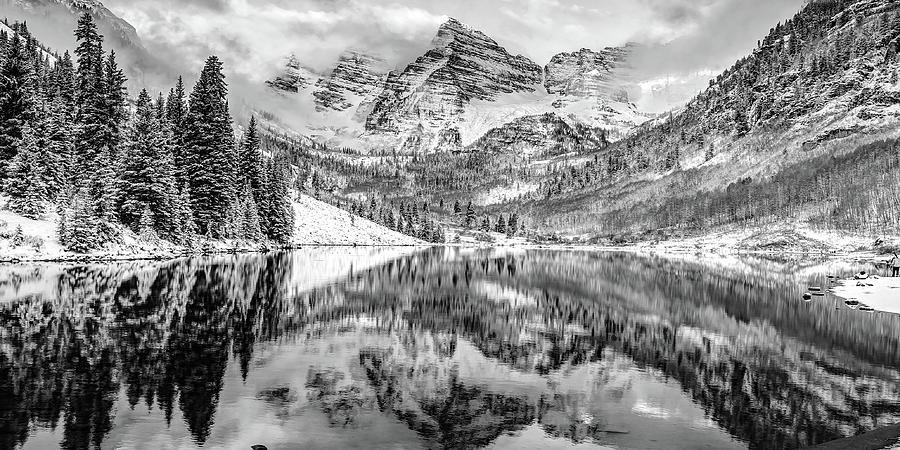 Mountain Peaks Of Maroon Bells - Black and White Panorama Photograph by Gregory Ballos