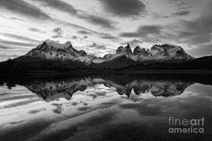 Mountain Reflection in Pehoe Lake at Torres del Paine National Park Photograph by Tom Schwabel