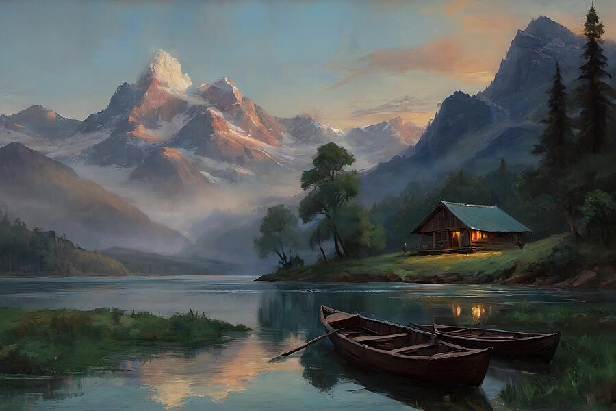 Mountain Painting - Mountain Retreat - A Serene Sunset by Waynn D
