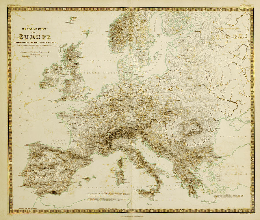 Map Drawing - Mountain Systems of Europe by Vintage Maps