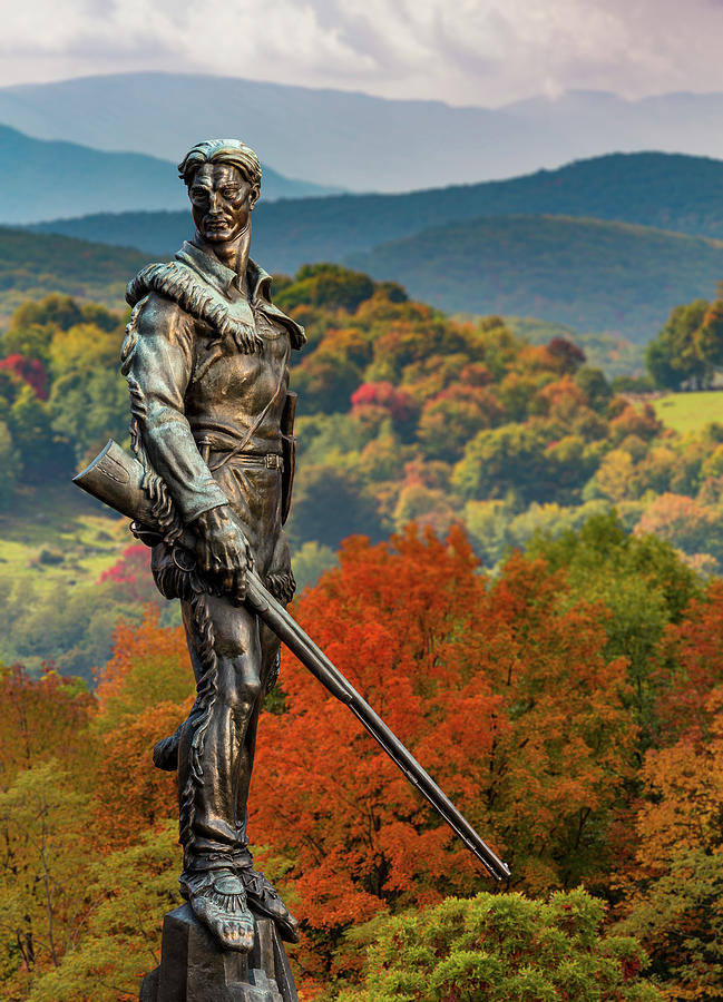 West Virginia University Photograph - Mountaineer statue from WVU with fall leaves in West Virginia by Steven Heap