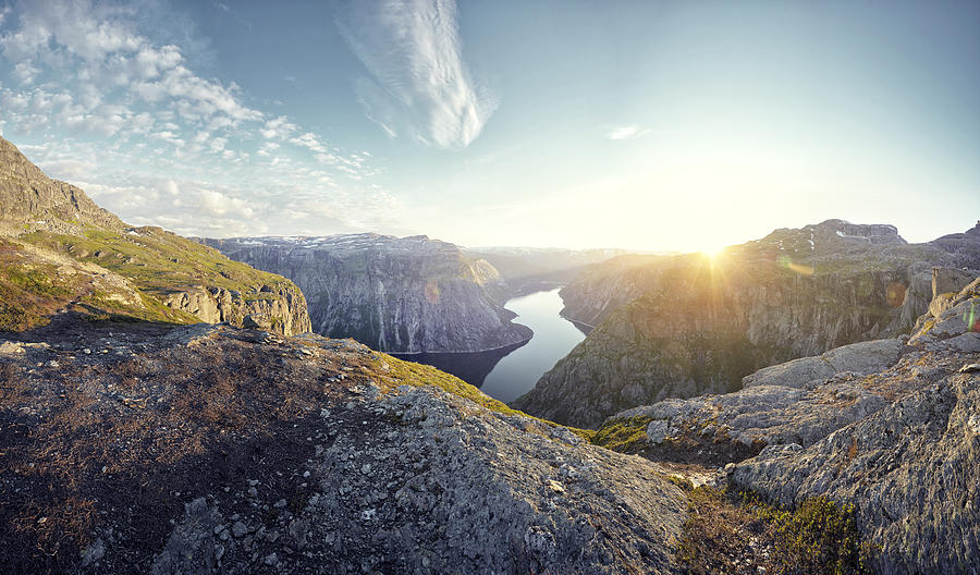 Mountainous landscape and fjord at sunset, Norway Photograph by James ONeil