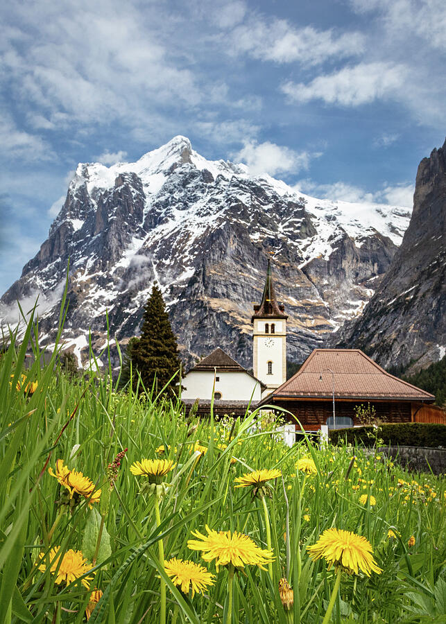 Mountains, Church and Yellow Flowers in Grindelwald Switzerland Photograph by Elvira Peretsman
