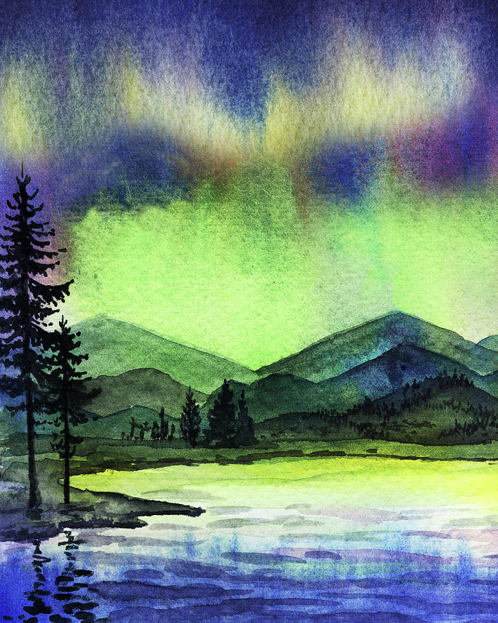 Winter Painting - Mountains Lake Aurora Borealis Watercolor  by Irina Sztukowski