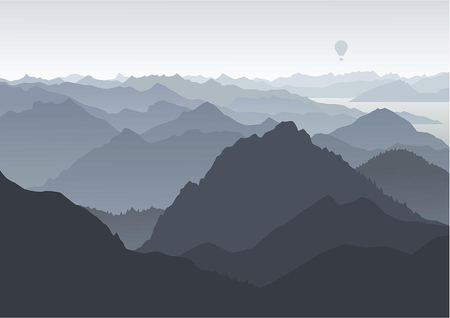 Mountains landscape, birds eye view, balloon in the background Drawing by Zu_09