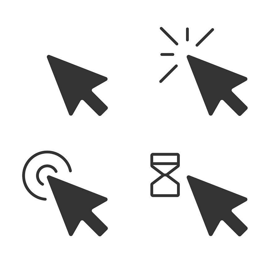 Mouse Click Pointer Icon Set and Computer Mouse Flat Design. Drawing by Designer29