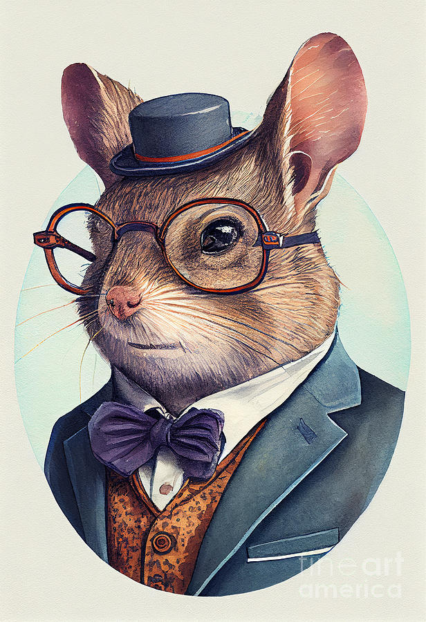 Mouse Painting - Mouse in Suit Watercolor Hipster Animal Retro Costume by Jeff Creation
