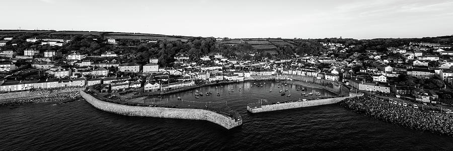 Mousehole Fishing Village Harbour Aerial black and white 2 Photograph by Sonny Ryse