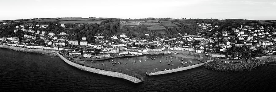 Mousehole Fishing Village Harbour Aerial black and white Photograph by Sonny Ryse