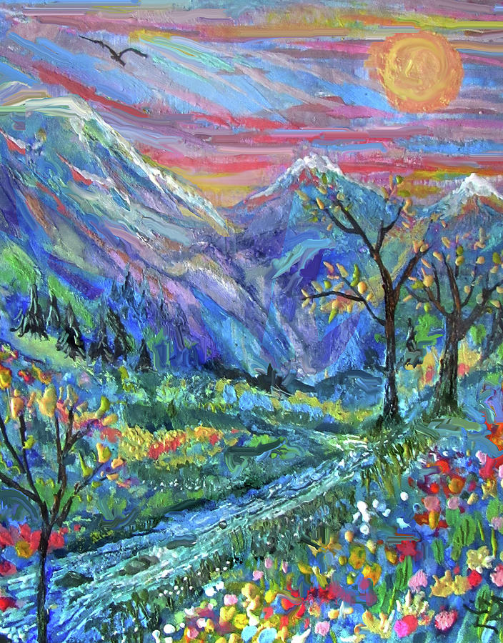Moutain Valley River Painting by Jean Batzell Fitzgerald