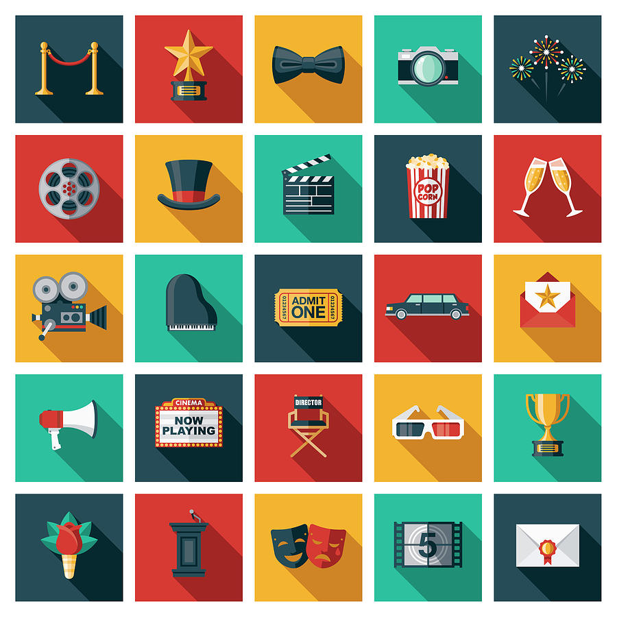 Movies and Filmmaking Icon Set Drawing by Bortonia
