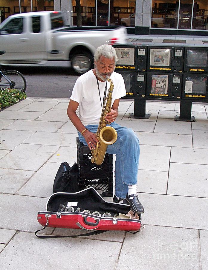 Portrait Photograph - Sax Man Busking by Walter Neal