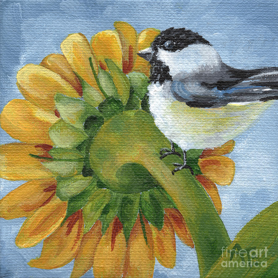 Mr. Sunshine - Chickadee and Sunflower Painting by Annie Troe