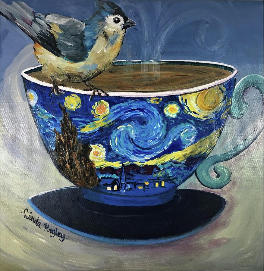 Mr. Titmouse and Van Gogh Cup of Joe Painting by Linda Kegley