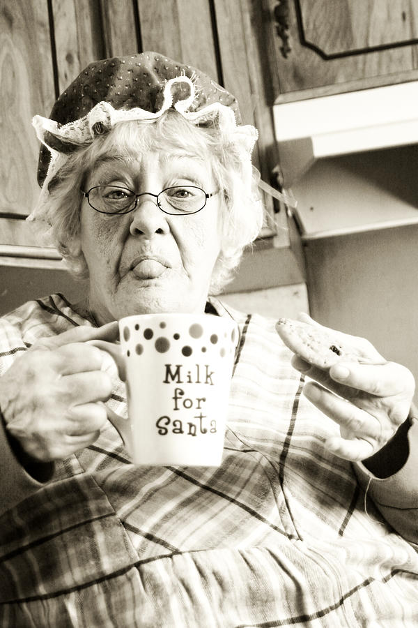Mrs. Claus Having Milk and Cookies, Sepia Toned Photograph by Bobbieo