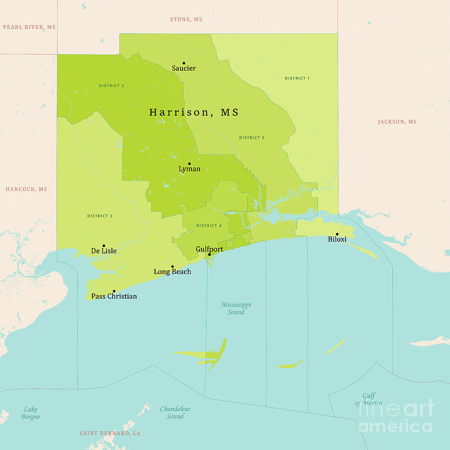 MS Harrison County Vector Map Green Digital Art by Frank Ramspott - Pixels