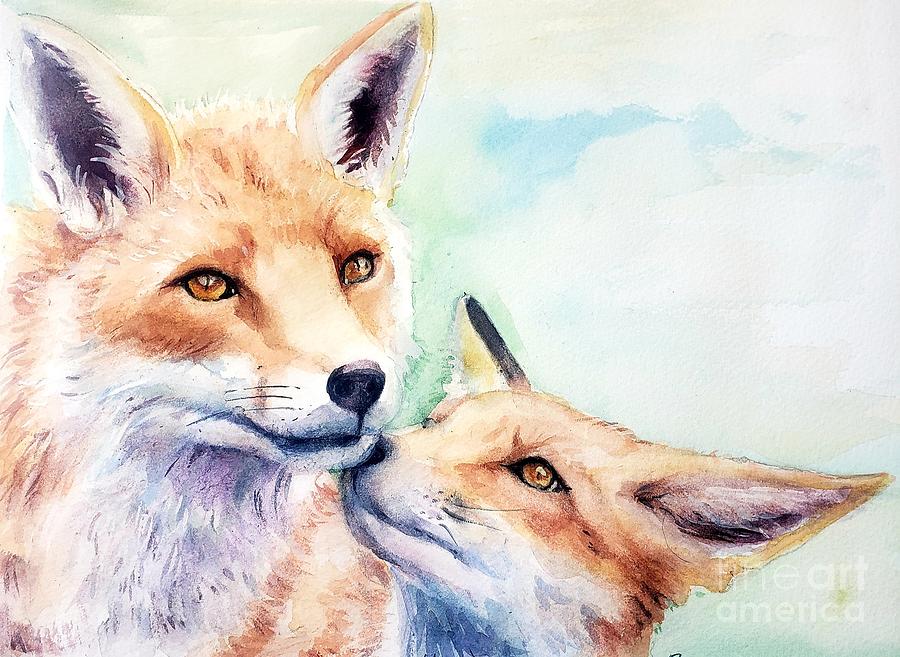 Baby Fox Painting - Msma fox and kit by Patricia Pushaw