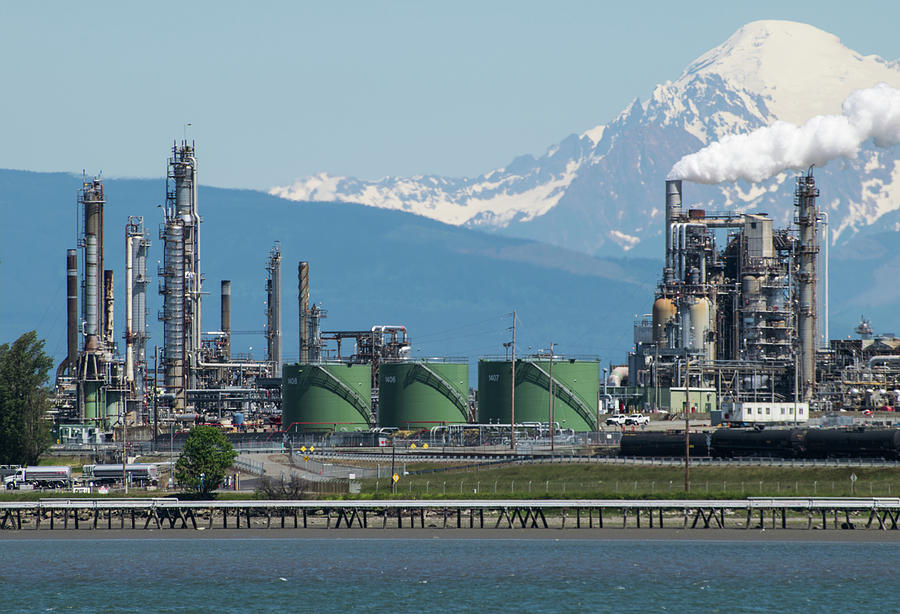 Landscape Photograph - Mt Baker and Refinery from Anacortes by Tom Cochran
