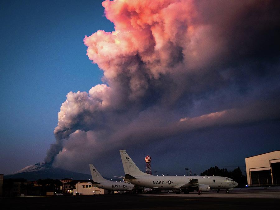 Mt. Etna Erupts Near Aircraft From Patrol Squadron Vp 46 At Naval Air Station Sigonella. Painting