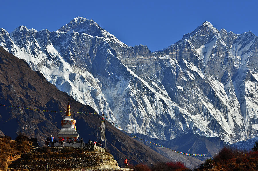 Mt Everest and Lhotse towering above Trekkers on a Stupa Photograph by ...