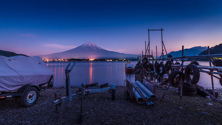 mt. Fuji and dock in Kawaguchiko lake Before dawn Photograph by Laphon Pinta