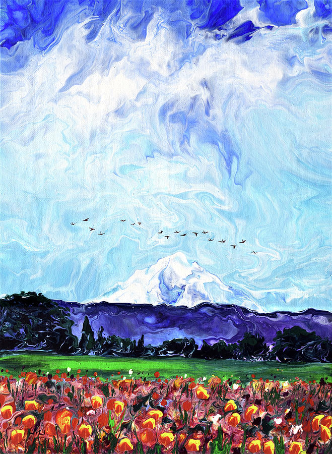 Mt Hood Over Tulip Fields Painting by Laura Iverson
