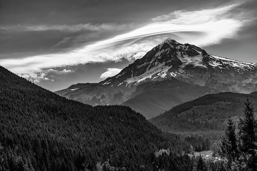 Mt Hood with lenticular cloud monochrome 2 Photograph by John Trax