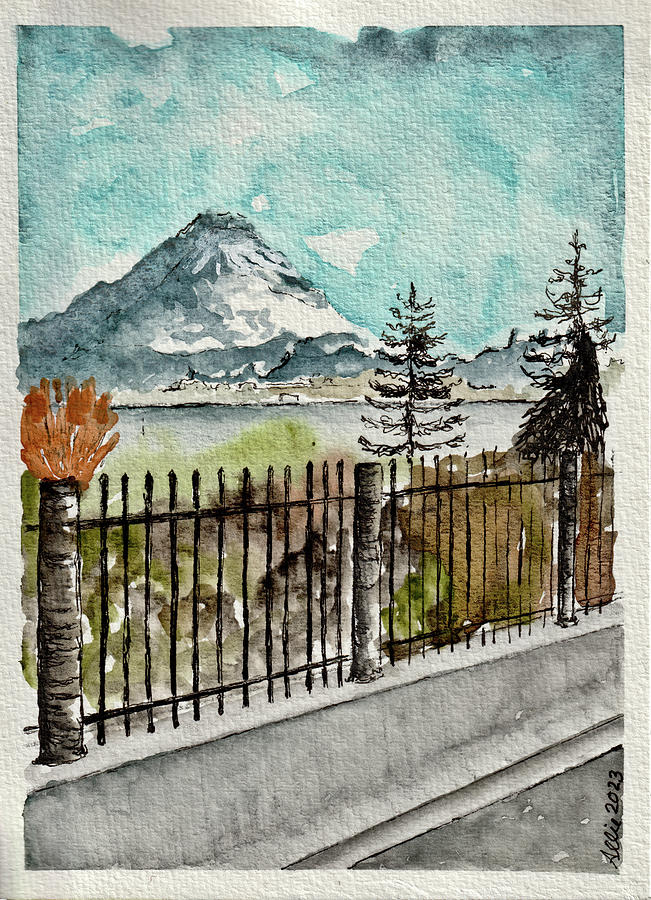 Mt Rainier From Downtown Tacoma Painting by Allie Lily