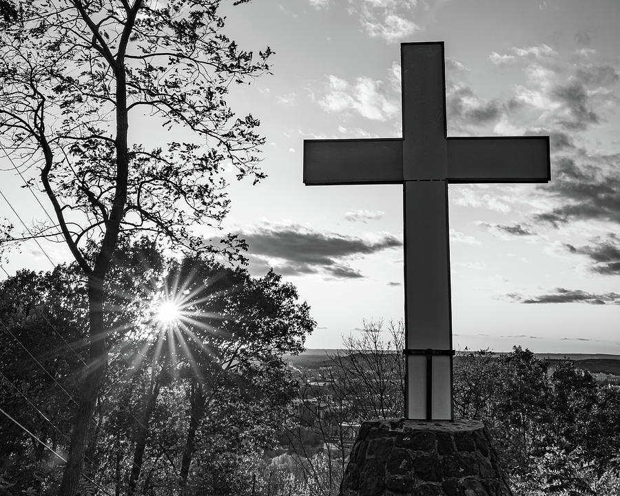 Mt Sequoyah Cross Sunset Silhouette - Black and White Photograph by Gregory Ballos